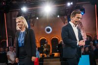 Magdalena Andersson och Ulf Kristersson under duellen mellan statsministerkandidaterna i saluhallen i Uppsala den 7 september.