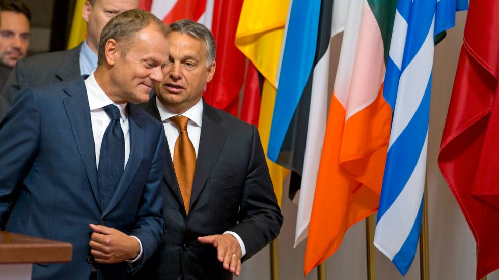 Europeiska rådets ordförande, Donald Tusk, och Ungerns premiärminister Viktor Orbán.