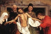 Klagosången över den döde Kristus, målning av Rogier van der Weyden, cirka 1460 (beskuren).