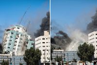 Byggnaden i Gaza med tv-kanalen al-Jaziras och nyhetsbyrån AP:s kontor totalförstörd efter en israelisk bombning. 