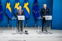 Statsminister Stefan Löfven (S) håller pressträff tillsammans med inrikesminister Mikael Damberg (S) och rikspolischef Anders Thornberg.