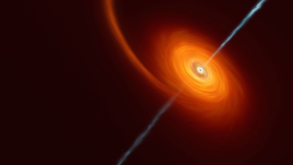 Illustration över hur det kan se ut när en stjärna närmar sig ett svart hål och sträcks ut av det svarta hålets starka gravitation.