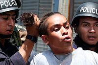Polis griper en person under en demonstration till stöd för avsatte presidenten Zelaya i staden San Pedro Sula i Honduras. Under veckan har demonstrationer även ordnats till stöd för den militärstödda interimsregeringen under Micheletti.