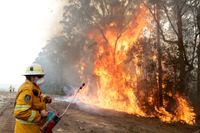 En brandman tänder under torsdagen en kontrollerad brand nära Tomerong, New South Wales i Australien, i ett försök att begränsa en närliggande brand.