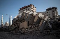 En raserad byggnad i Gaza, förstörd i israeliska flygangrepp. Bilden är tagen under onsdagen.