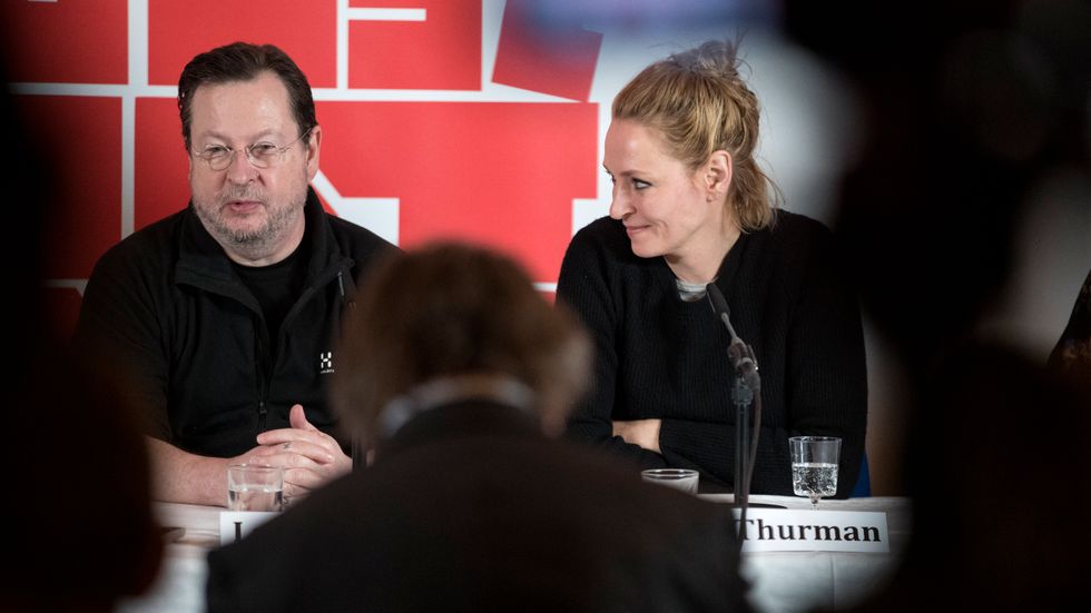 Regissören Lars von Trier och skådespelaren Uma Thurman under tisdagens pressträff inför inspelningen av filmen "The house that Jack built".