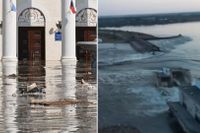 Stadshuset i Novaya Kachovka, nedströms från dammen, har drabbats av översvämningen.