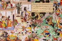 Miniatyrmålningar ur den ursprungliga utgåvan av Abu’l-Fazls historiografi över mogulkejsaren Akbar.