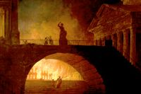 Branden i Rom år  64 e Kr, målning av Hubert Robert från 1785 (beskuren).