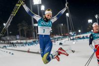 Stina Nilsson efter att ha vunnit OS-guld i sprint i Pyeongchang i Sydkorea.
