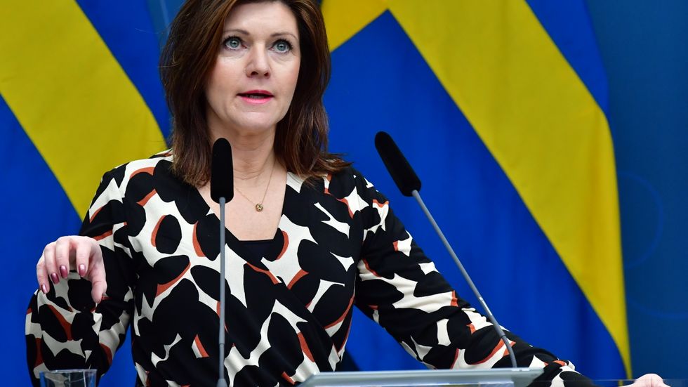 Arbetsmarknadsminister Eva Nordmark (S) i samband med att regeringen presenterade sin nya arbetsmiljöstrategi i februari.