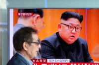 Nordkoreas diktator Kim Jong-un på en tv-skärm i Sydkoreanska Seoul.