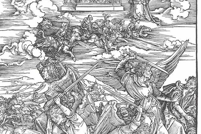 En hetsig debatt? (Änglarnas kamp av Albrecht Dürer, träsnitt från 1497-1498)