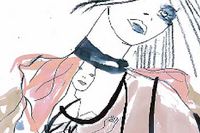 Muccia Pradas huvudlinje handlar om älvor och fantastimotiv i artificiella gröntoner och skira molnnyanser på slanka sidenpyjamasar, ett av säsongens nya plagg, och på vida, dramatiska kjolar, ett annat av säsongens plagg. Illustration: Eva Hjelte