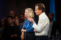 Magdalena Andersson och Ulf Kristersson under statsministerduellen i saluhallen i Uppsala onsdagen före valet.