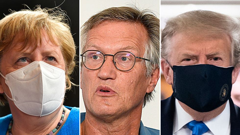 Angela Merkel har under en längre tid burit munskydd, Anders Tegnell förordar inte munskydd och Donald Trump tog motvilligt på sig skyddet.