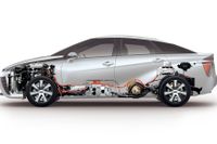 Den så kallade bränslecellsstacken sitter fram i Toyota Mirai. I bilens bakdel finns tanken för vätgas.