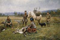 ”Lappar tillvaratagande skjutna renar”, målad 1892 av Johan Tirén.