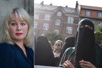 Ann Heberlein argumenterar för ett så kallat burkaförbud. Till höger: Demonstration i Köpenhamn mot att burkaförbud har införts i Danmark vilket trädde i kraft den 1 augusti. 