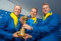 De tre svenskarna som var med att ta hem Ryder Cup till Europa: spelarna Alex Norén och Henrik Stenson samt vicekaptenen Robert Karlsson.