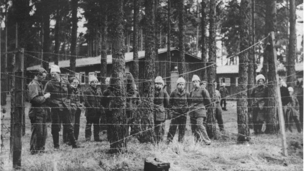 Balter bakom taggtråd i Ränneslätt utanför Eksjö, i väntan på utlämning, 1946.