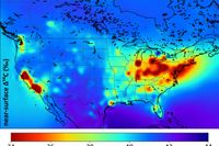 Koldioxid från fossila bränslen och cementindustrin kan spåras i och med att den saknar isotopen kol-14. Röda områden har höga utsläpp.