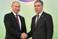 Asjchabad, Turkmenistan oktober 2019. Vladimir Putin och Gurbanguly Berdimuhamedow under ett bilateralt möte.