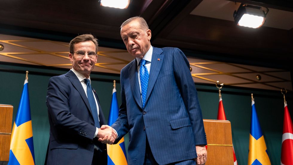 Sveriges statsminister Ulf Kristersson (M) och Turkiets president Recep Tayyip Erdogan under ett möte i Ankara i höstas.