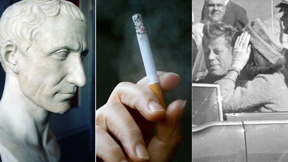 Konspirationer och konspirationsteorier: Julius Caesar mördades till följd av en sammansvärjning, tobaksindustrin mörkade hälsorisker medan teorierna kring Kennedymordet är talrika.