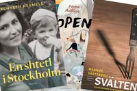Några av böckerna som nomineras till Augustpriset: ”En shtetl i Stockholm” av Kenneth Hermele,  ”Gropen” av Emma Adbåge och ”Svälten. Hungeråren som formade Sverige” av Magnus Västerbro.