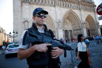Fransk polis bevakar den då inte eldhärjade katedralen Notre-Dame i Paris 2016.
