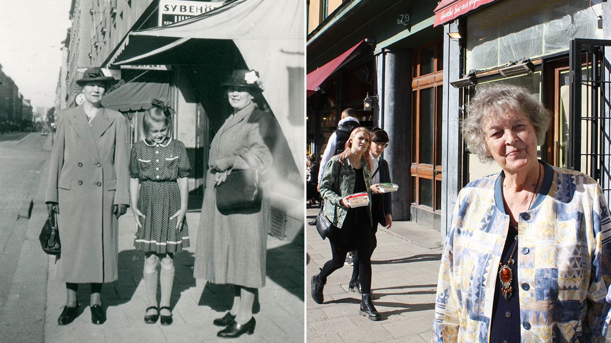Skånegatan då: Eila Lindholm med mamma Ellida Bohlin (t h) och moster Ada. Eila kom till Nytorget 1942 som krigsbarn. Skånegatan nu: Eila Lindholm ser fortfarande tillbaka på tiden på Nytorget med värme. Här står hon åter på samma plats som hon gjorde den där dagen 1942.