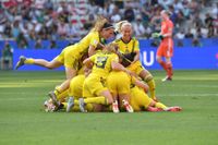 Sverige jublar efter segern i VM-bronsmatchen i VM i somras. Arkivbild.