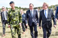ÖB Micael Bydén, statsminister Stefan Löfven och försvarsminister Peter Hultqvist under invigningen av Gotlands regemente 2018. 