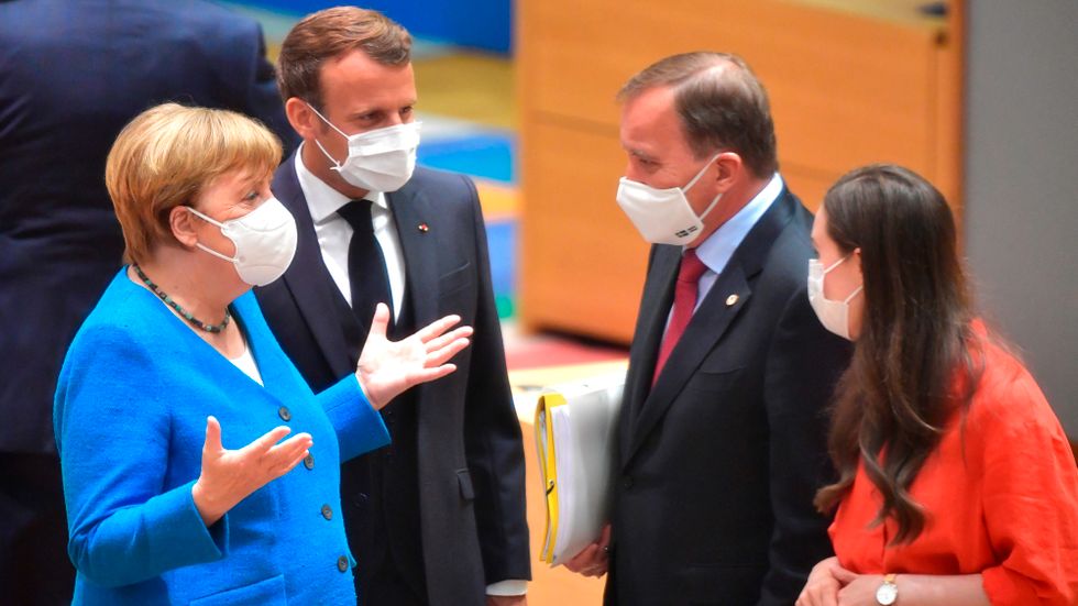 Angela Merkel, Emmanuel Macron, Stefan Löfven och Sanna Marin vid EU-toppmötet i juli 2020.