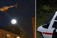 Rånarna lyfter i sin stulna helikopter från värdedepån G4S i Västberga i södra Stockholm. Bilden till höger: Polisen undersöker helikoptern som återfanns i Arninge norr om Stockholm.