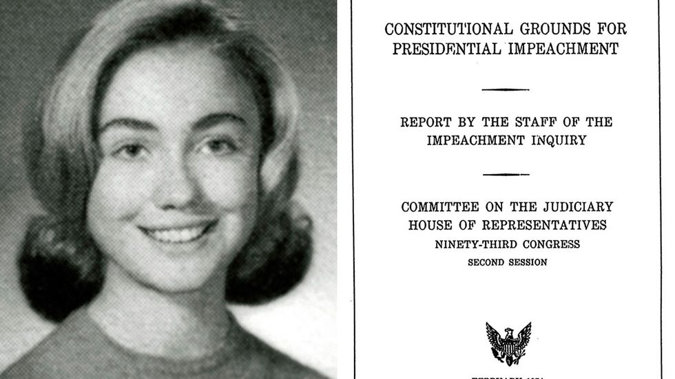 Hillary Rodham 1965. Till höger rapporten om riksrätt från 1974 som hon hjälpte till att skriva.