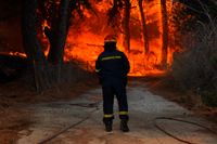 Brandmän bekämpar skogsbranden på ön Lesbos i Grekland under lördagen.