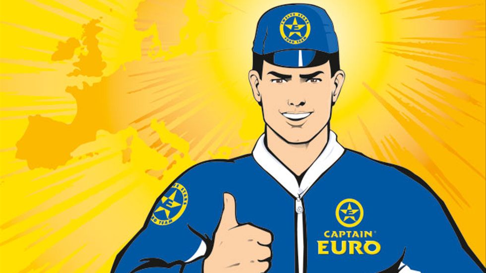 Seriefiguren Captain Euro som han såg ut 1999.
