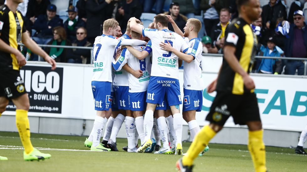 Norrköpingsjubel efter Sebastian Anderssons 1–0 mot Hammarby på Östgötaporten.