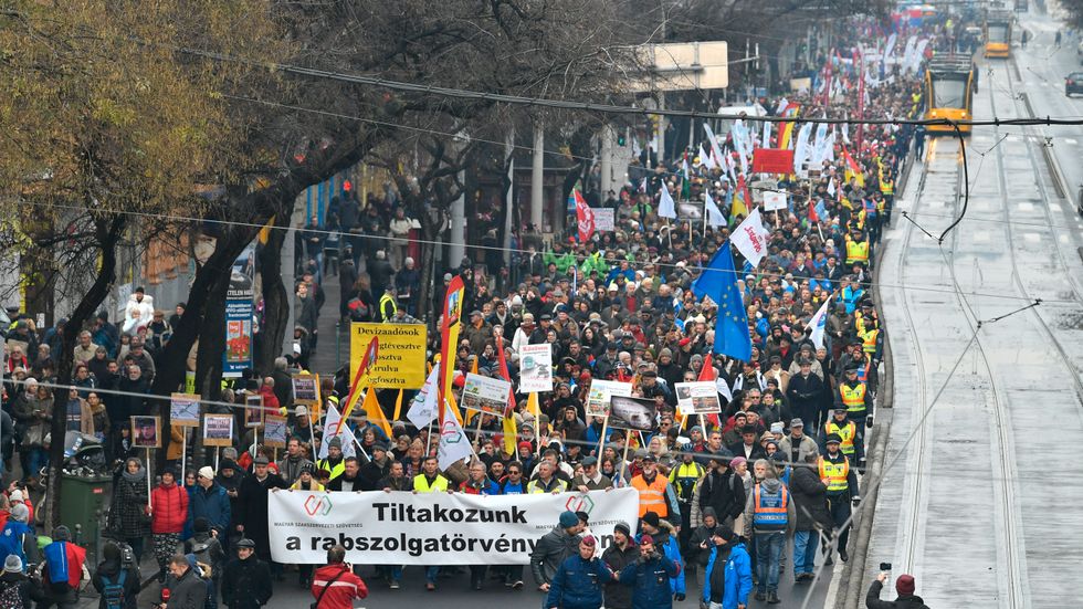 En demonstration som anordnades i lördags i Ungerns huvudstad Budapest av en facklig organisation.