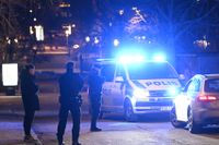 Polis på plats i Solna norr om Stockholm under en insats på torsdagskvällen. Minst två personer har gripits och ett vapenliknande föremål har tagits i beslag.