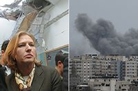 Till vänster: Israels utrikesminister Tzipi Livni inspekterar skadorna i ett klassrum som förstörts av raketer som avfyrats från Gaza. Israel avvisade på nyårsafton det franska förslaget till vapenvila. Till höger: Rök över en moskén i Gaza efter en israelisk flygattack på nyårsafton.