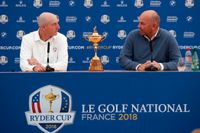 USA:s kapten Jim Furyk och Europas dito Thomas Bjørn, under måndagens presskonferens inför årets Ryder Cup i golf.