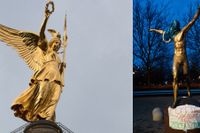 En segergudinna med en lagerkrans symboliserar på monumentet Siegessäule i Berlin den tyska segern över Frankrike 1871 samt Zlatanstatyn. 
