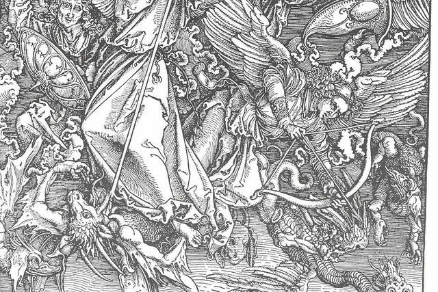 Ärkeängeln Mikael kämpar mot den sjuhövdade draken. Varje huvud representerar en dödssynd. Känns igen från den samtida debatten. (Michaels Kampf mit dem Drachen av Albrecht Dürer, träsnitt från 1497-1498)