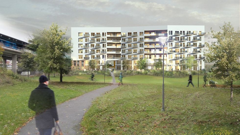 Hus som planeras i parkstråk vid Bredängs centrum i södra Stockholm.