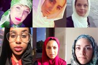 Deltagare i hijabuppropet på Twitter, övre raden från vänster: Anna Siekas, Gina Dirawi, Veronica Palm. Undre raden: Bilan Osman, Dona Hariri, Maja Dahl.