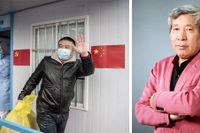 En man som som varit smittad av coronaviruset men botats vinkar när han lämnar sjukhuset. Till höger artikelförfattaren Yan Lianke.
