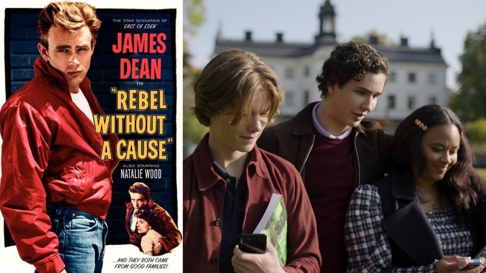 James Dean på affischen till ”Ung rebell” och Edvin Ryding, Omar Rudberg och Nikita Uggla i ”Young royals”.  